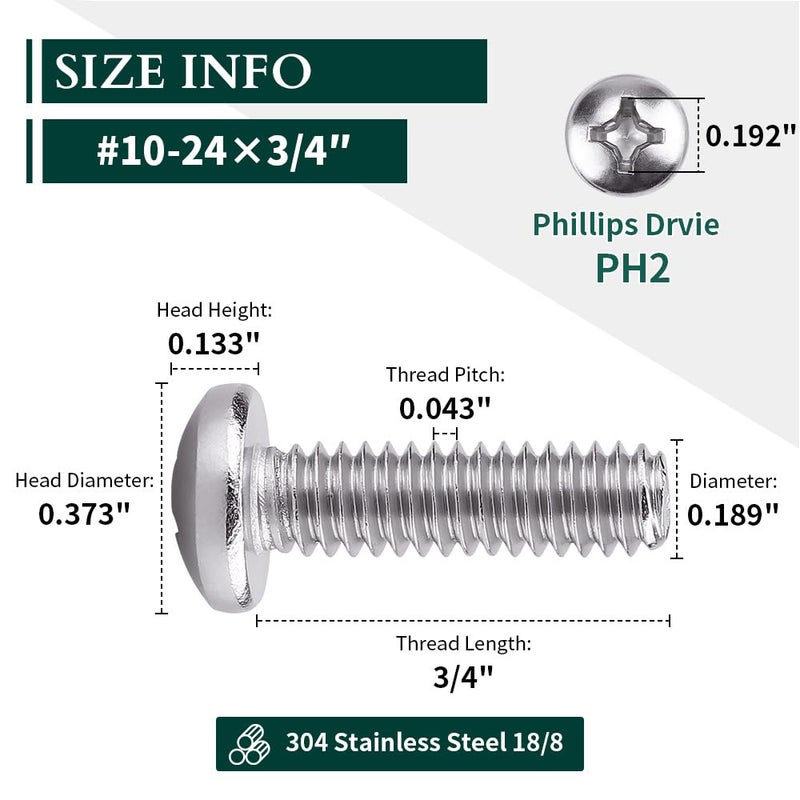 EASTLO #10-24 x 3/4" Pan Head Machine Screw, Phillips Drive, 304 Stainless Steel 18-8, Bright Finish, Fully Machine Thread, 100 Pcs - Image 2